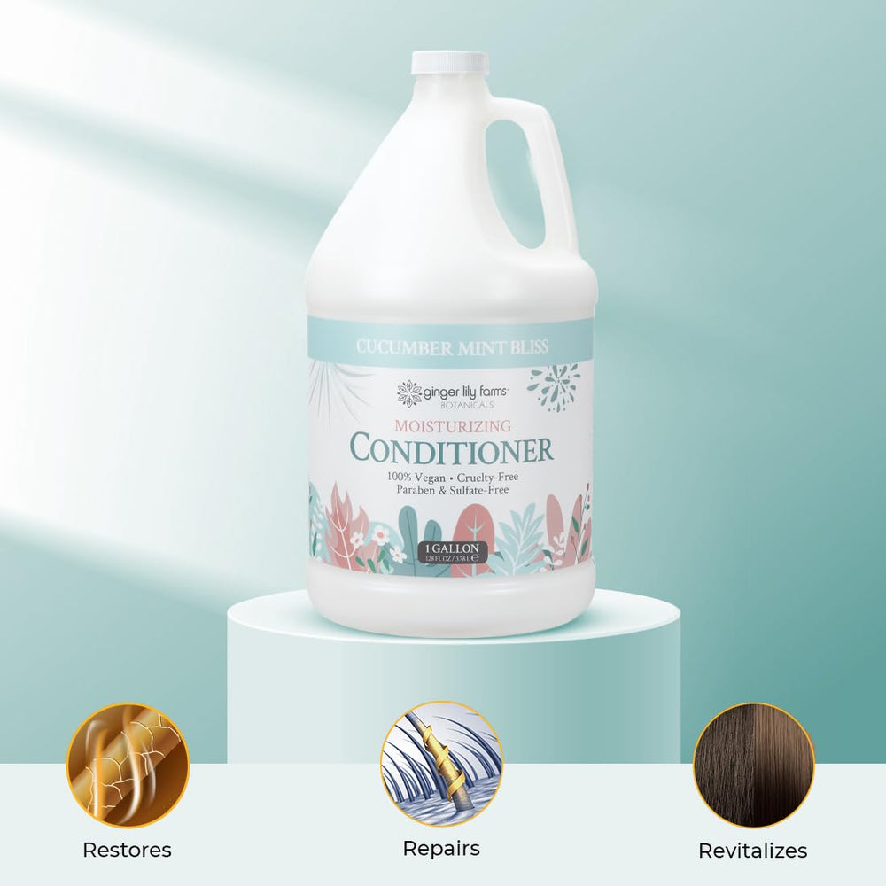 Ginger Lily Farms Botanicals Moisturizing Conditioner gallon refill being poured for salon use