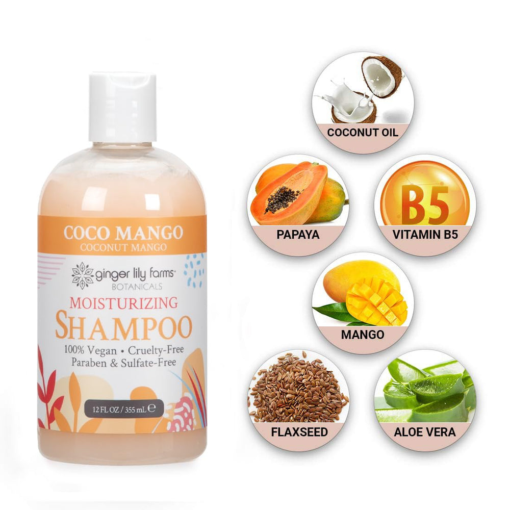 Ginger Lily Farms Coco Mango shampoo in hand for moisturized hair.