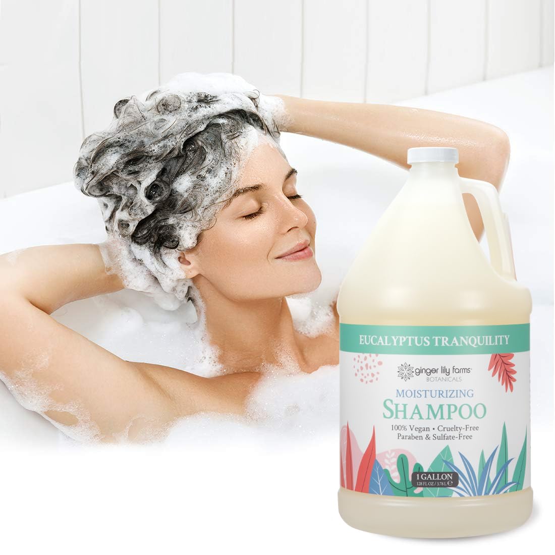 Ginger Lily Farms Botanicals gallon-refill packaging demonstrates eco-friendly backbar use.
