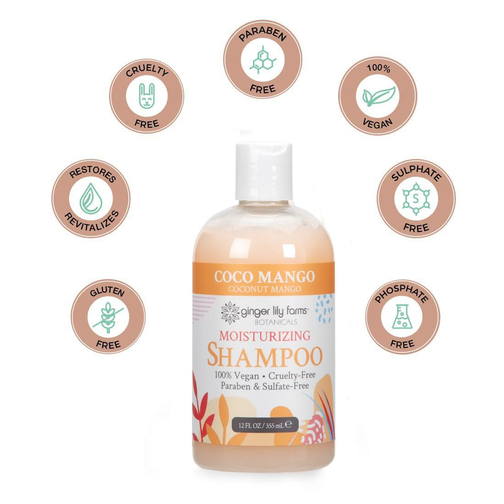 Ginger Lily Farms Botanicals vegan and gluten-free shampoo ingredients display.