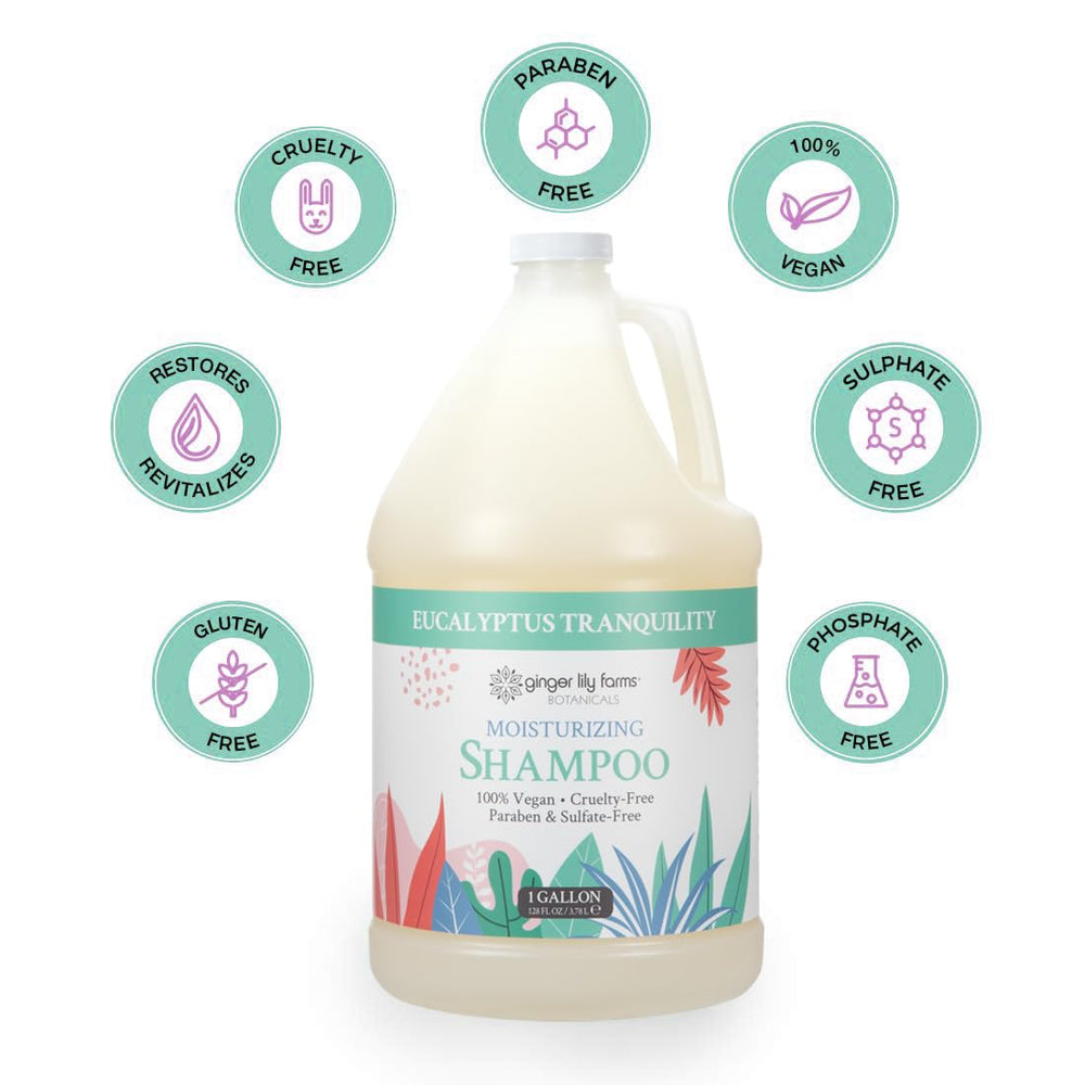 Ginger Lily Farms Botanicals bottle close-up shows aloe, flaxseed, and vitamin B5 nourishing hair.