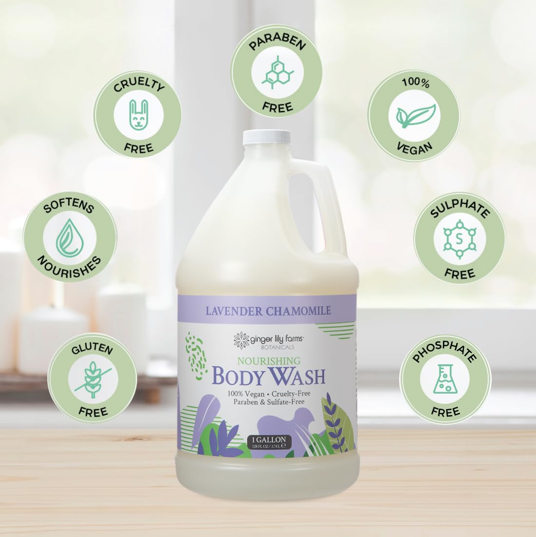 Ginger Lily Farms Body Wash with aloe and flaxseed for hydration.