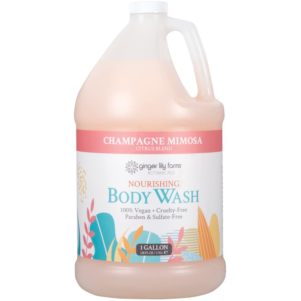 Ginger Lily Farms Botanicals Champagne Mimosa wash pouring from bottle, foamy lather forming.