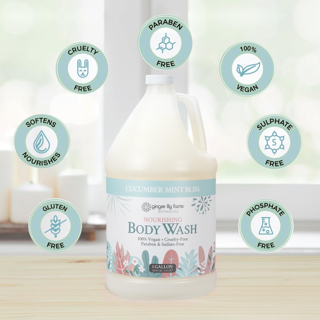 Cucumber mint bliss scent highlighted on Ginger Lily Farms Botanicals Nourishing Body Wash label