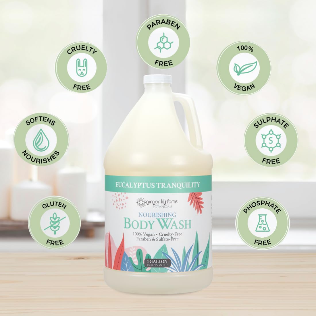 Ginger Lily Farms Botanicals Nourishing Body Wash ingredients highlight aloe and flaxseed.