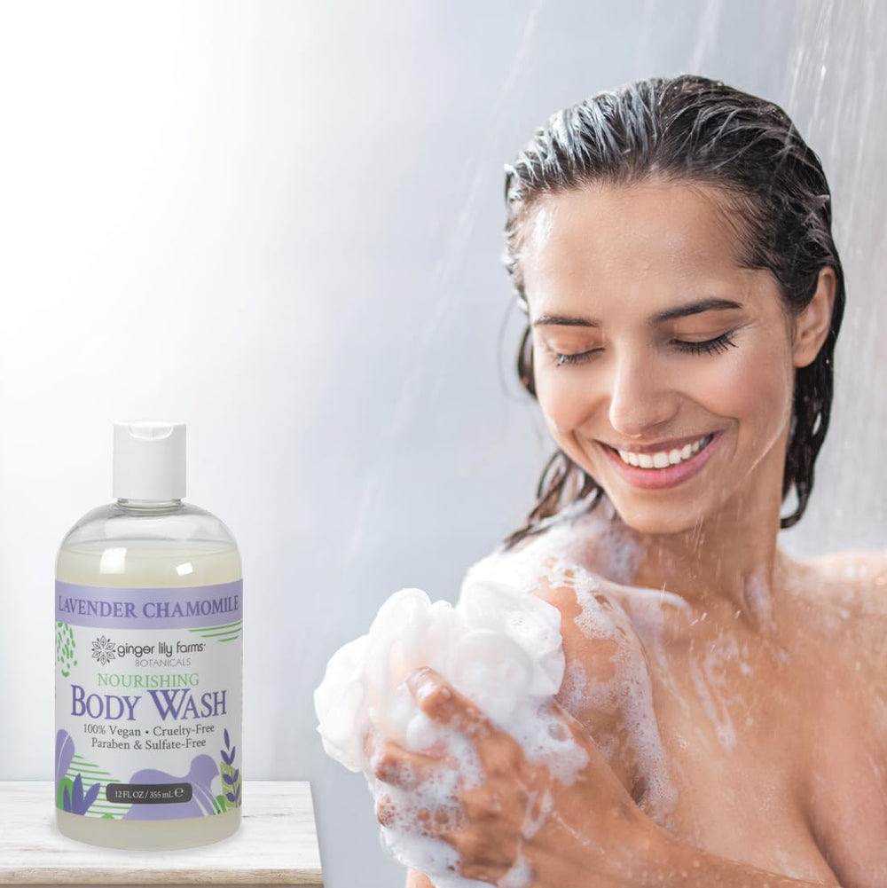 Ginger Lily Farms Botanicals Nourishing Body Wash lavender chamomile flowers reflect calming fragrance.