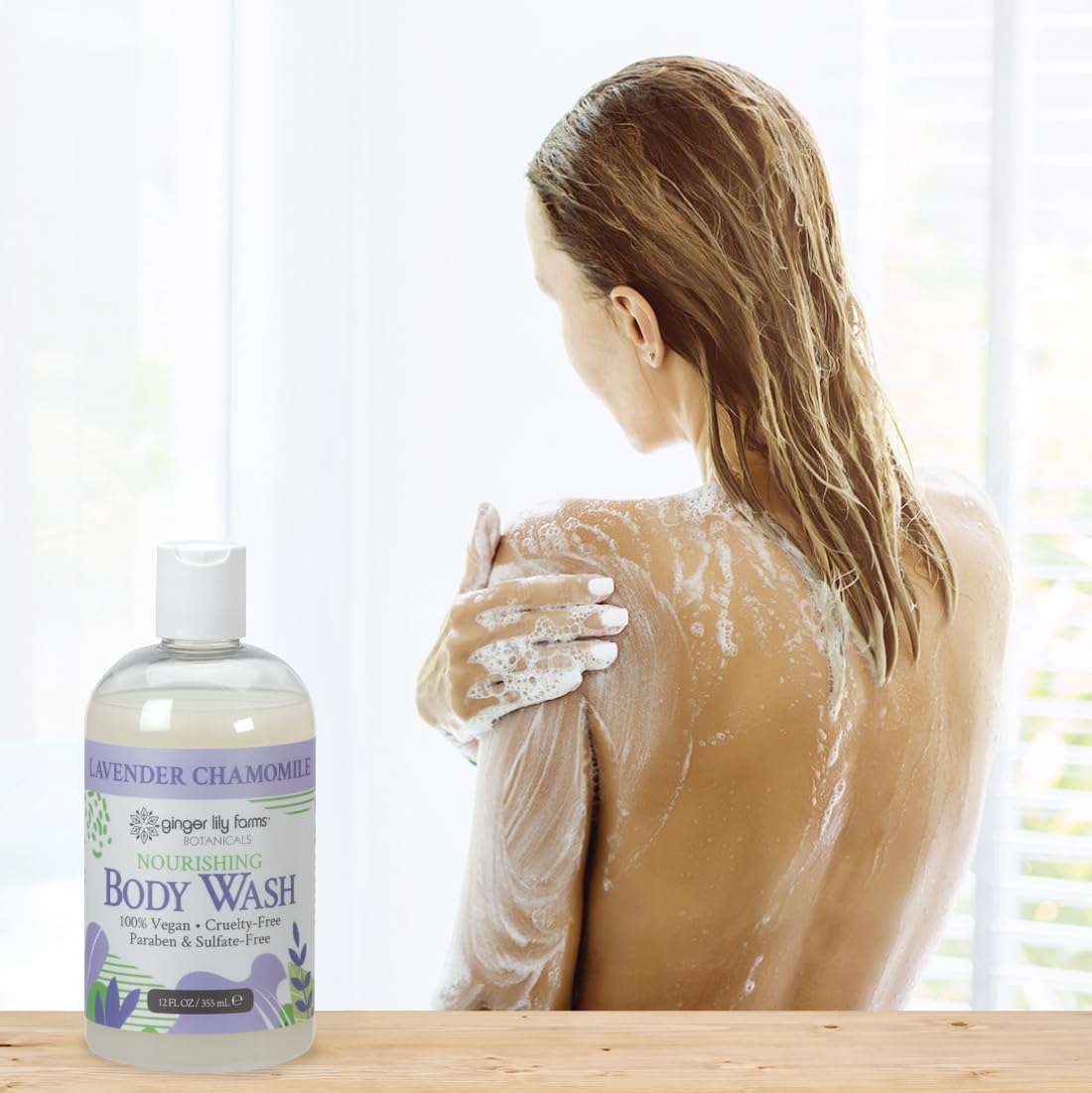 Ginger Lily Farms Botanicals Nourishing Body Wash packaging signals a 12 oz bottle.