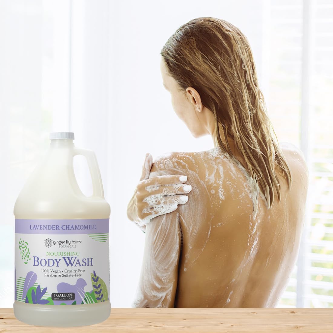 Shower scene with Ginger Lily Farms body wash’s lavender chamomile aroma.