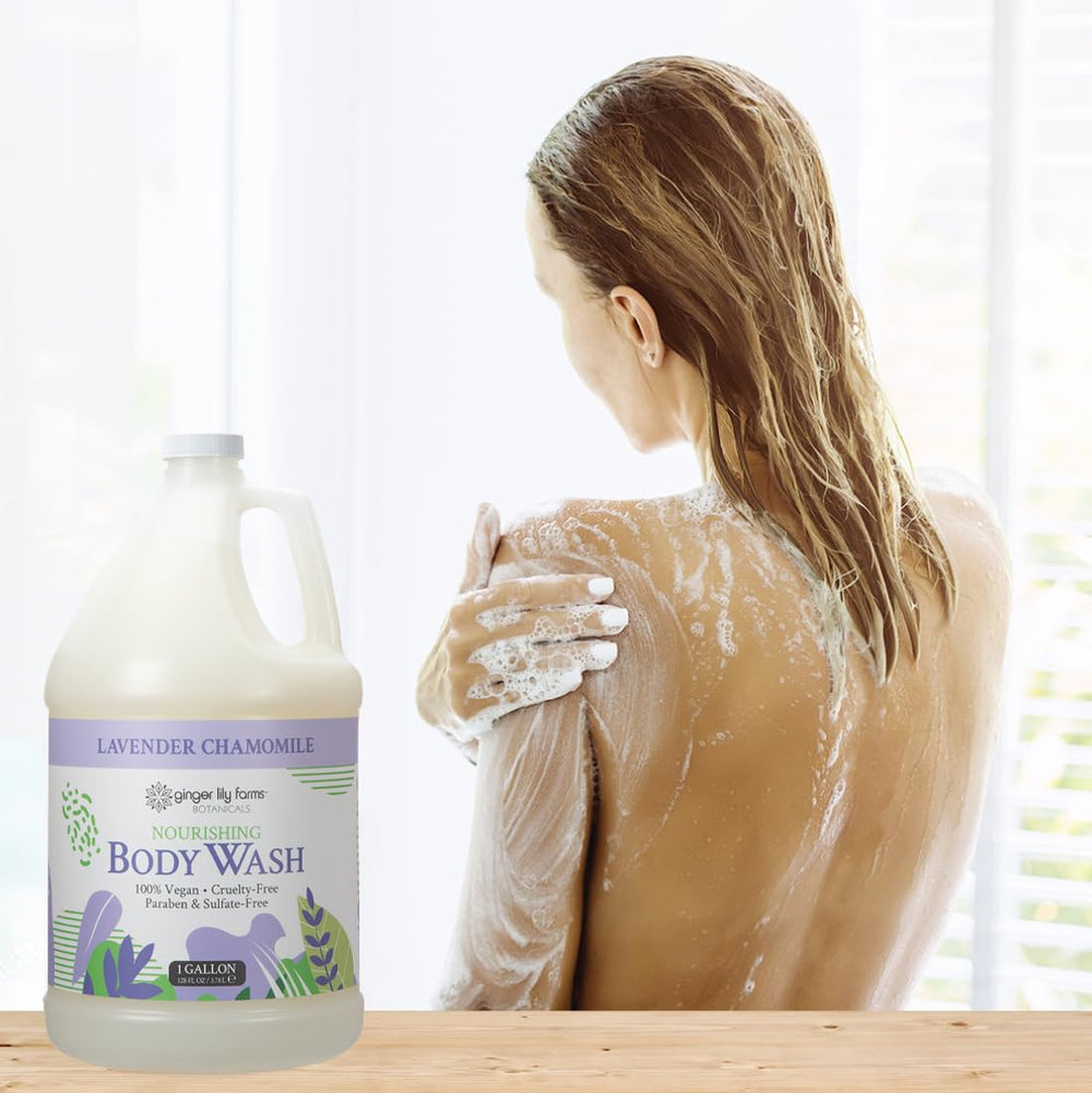Shower scene with Ginger Lily Farms body wash’s lavender chamomile aroma.