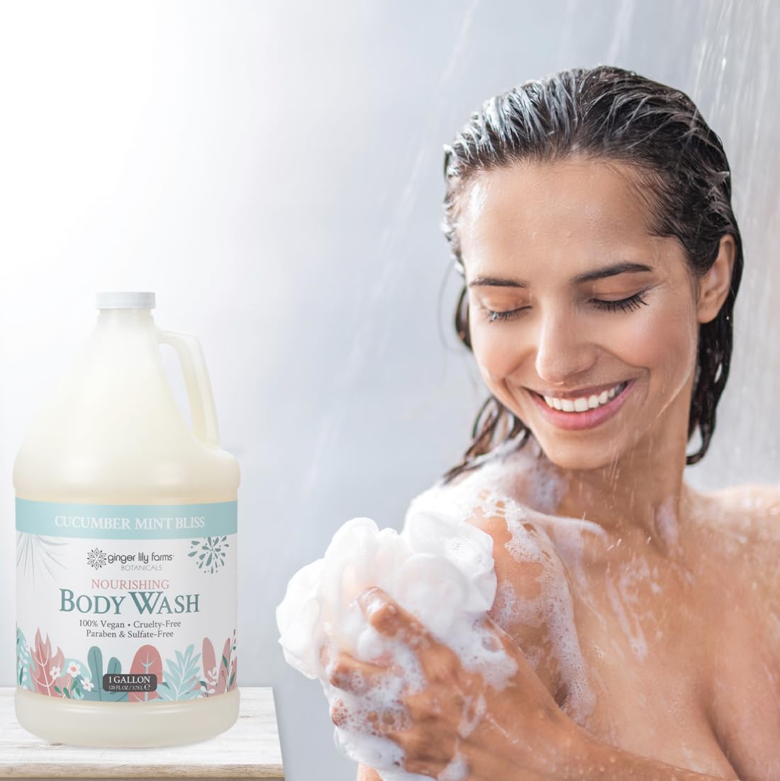 Spa-like ambiance suggested by essential oils and herbal notes in this body wash
