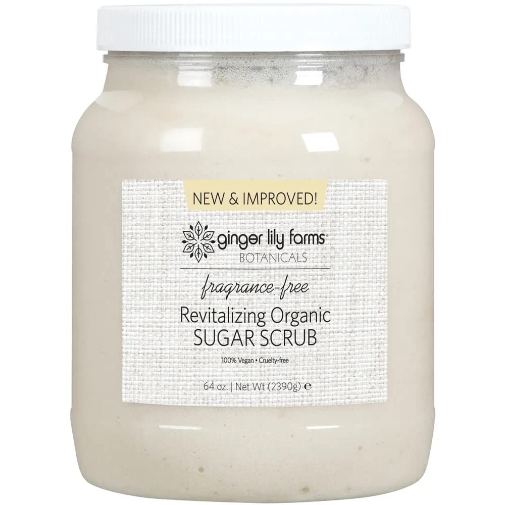 Ginger Lily Farms Botanicals Organic Sugar Scrub 64oz tub texture for gentle exfoliation and softer skin