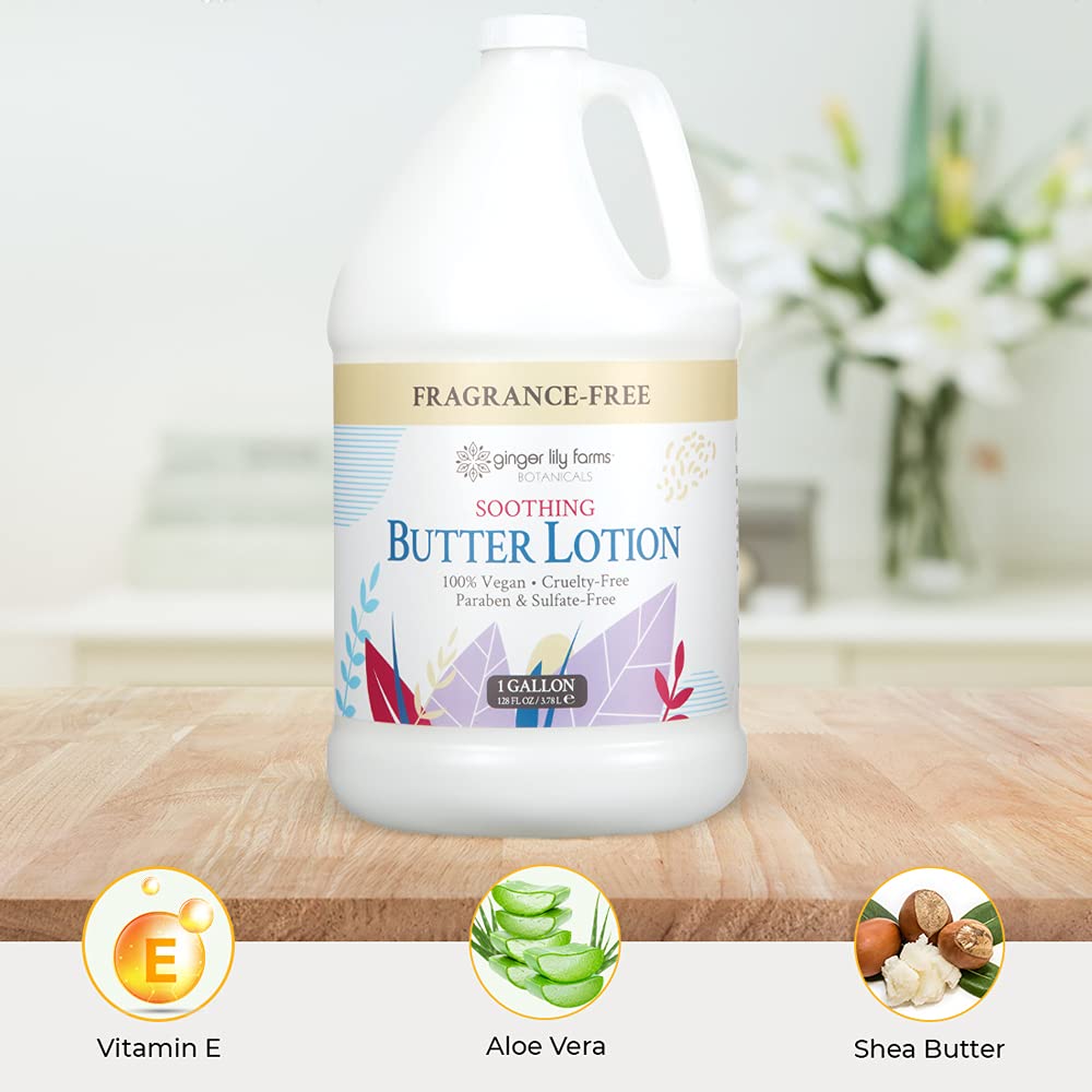 Ginger Lily Farms Botanicals bottle featuring shea butter, vitamin E, and aloe ingredients.