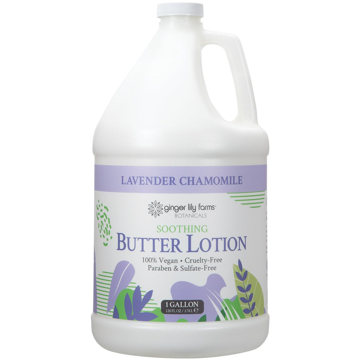 Ginger Lily Farms Soothing Butter Lotion bottle close-up showing rich hydration for soft skin.