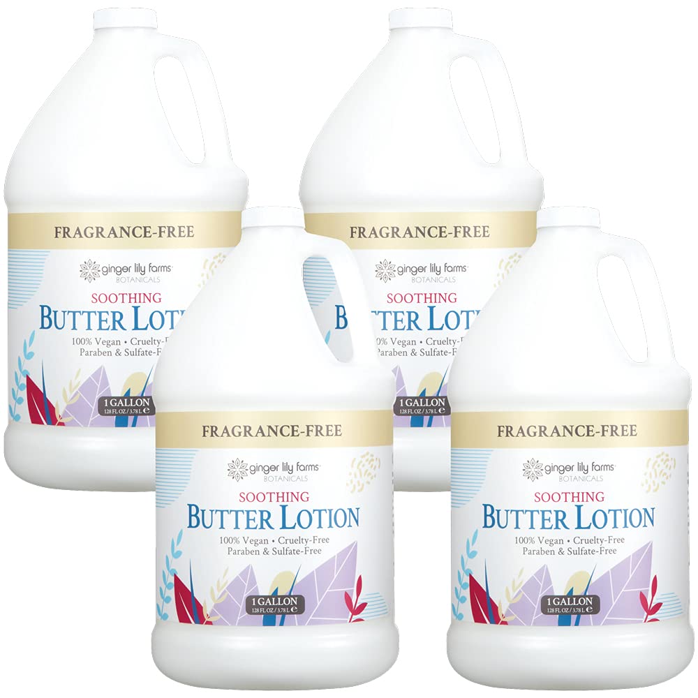 Ginger Lily Farms Botanicals soothing butter lotion bottle demonstrates quick absorption for dry, sensitive skin.