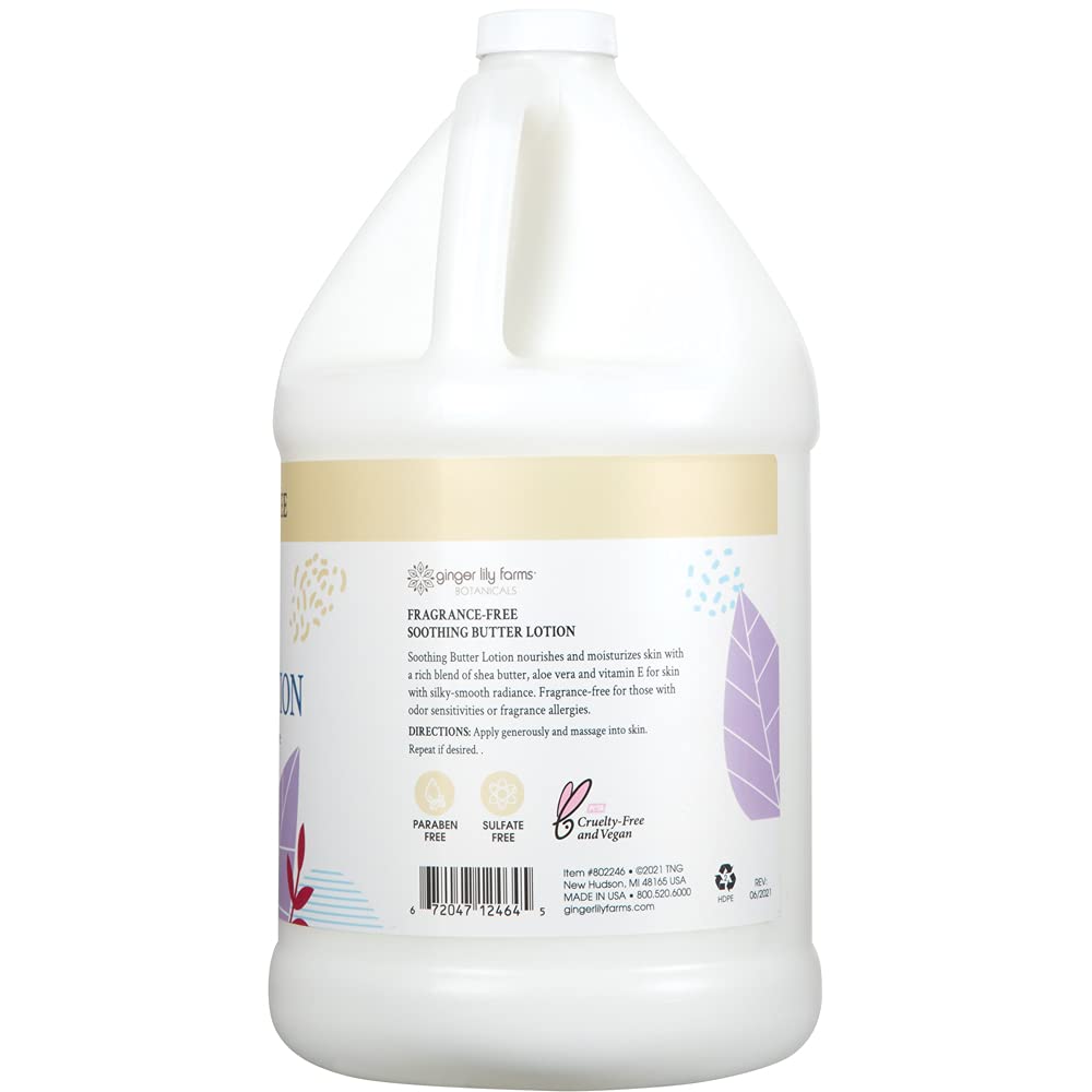 Ginger Lily Farms Botanicals soothing butter lotion texture close-up shows shea butter and aloe hydration.
