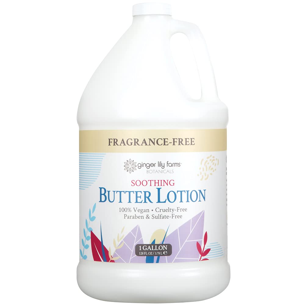 Ginger Lily Farms Botanicals soothing butter lotion dispenser highlights fragrance-free formula for sensitive users.