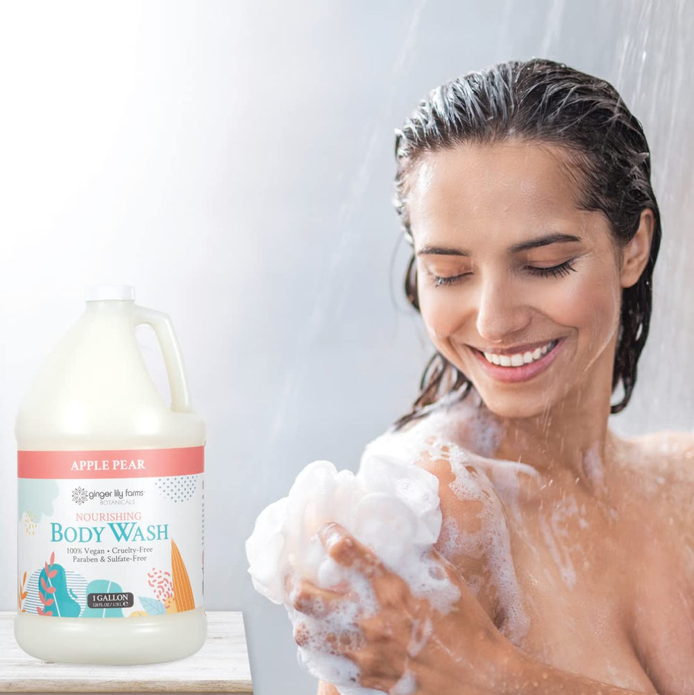 Spa-like bathroom setup featuring Ginger Lily Farms Botanicals Apple Pear body wash.