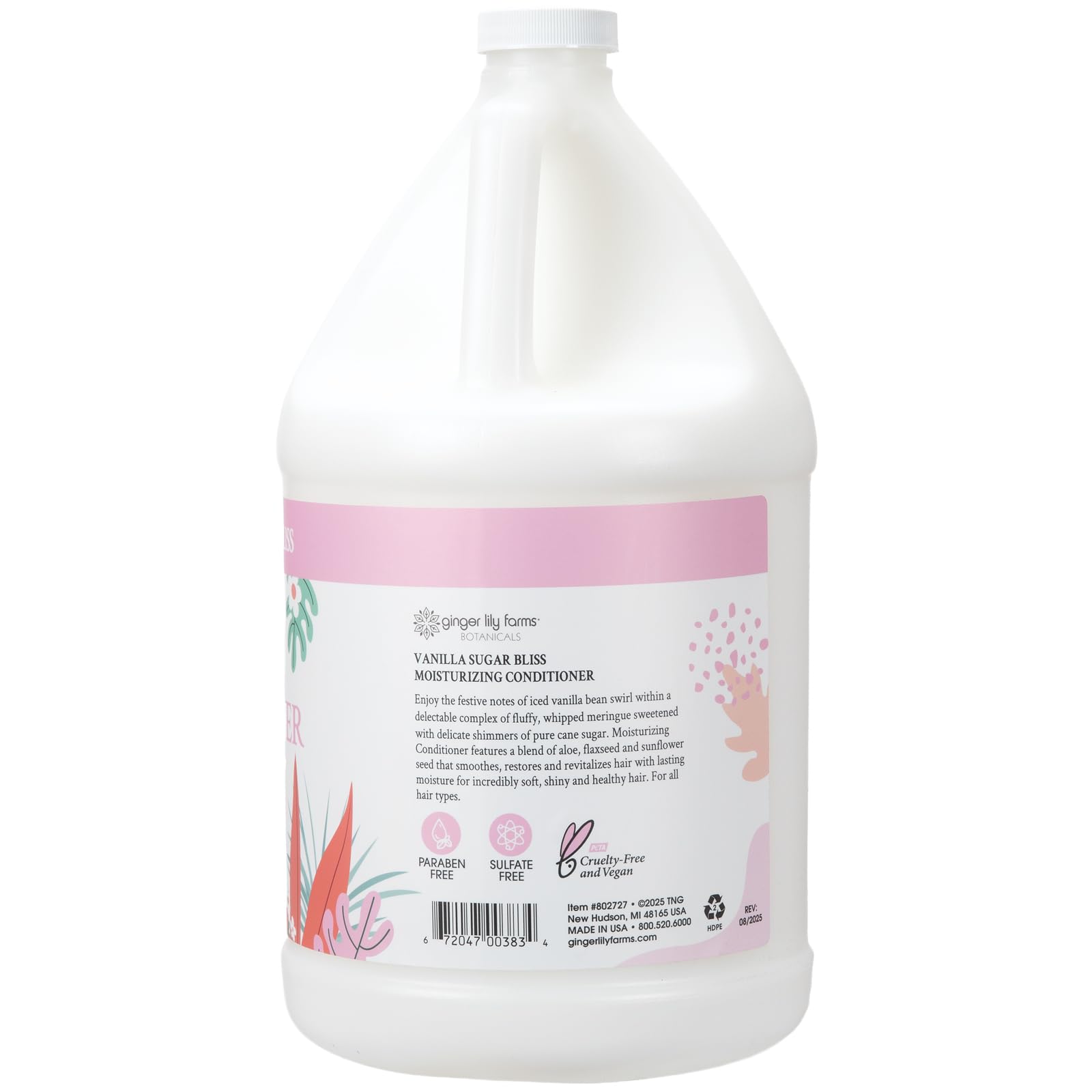Close-up of Ginger Lily Farms Botanicals Vanilla Sugar Bliss label showing vegan and cruelty-free quality