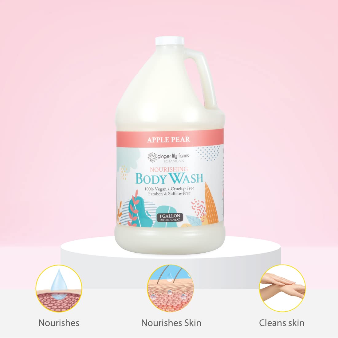 Vegan and cruelty-free label visible on Ginger Lily Farms Botanicals Apple Pear wash.