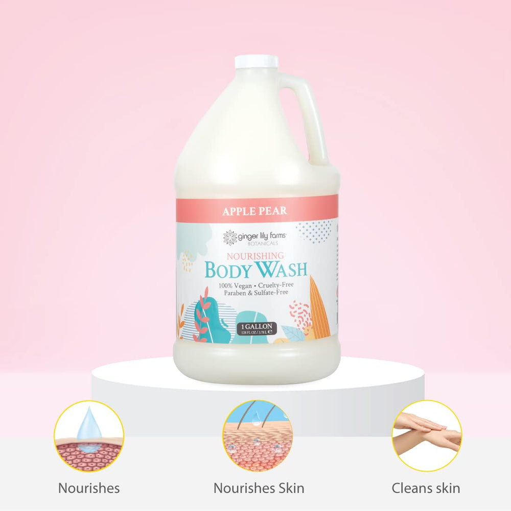 Vegan and cruelty-free label visible on Ginger Lily Farms Botanicals Apple Pear wash.