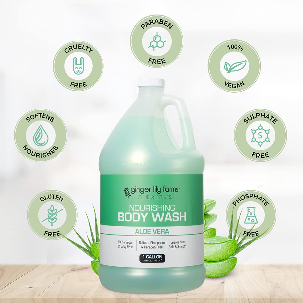 Ginger Lily Farms Club and Fitness Nourishing Body Wash aloe-scent image conveys refreshing aroma.