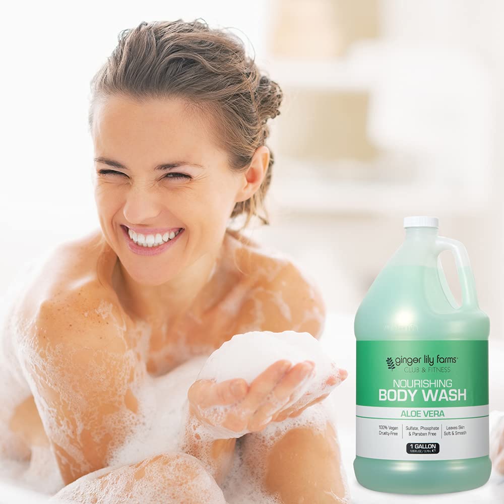 Ginger Lily Farms Club and Fitness Nourishing Body Wash gym-usage in locker room setting.