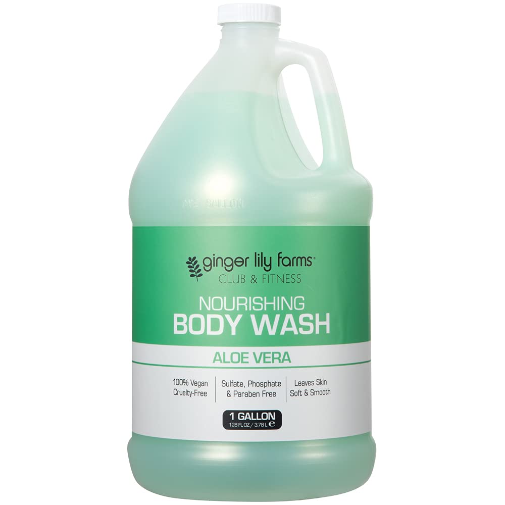 Ginger Lily Farms Club and Fitness Nourishing Body Wash pour shot highlights Aloe Vera scent.