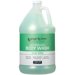 Ginger Lily Farms Club and Fitness Nourishing Body Wash pour shot highlights Aloe Vera scent.