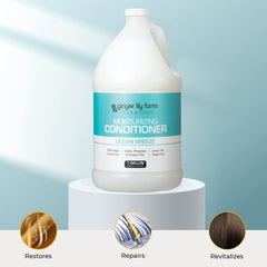 Ginger Lily Farms Club & Fitness Ocean Breeze conditioner label highlights vegan and cruelty-free status.