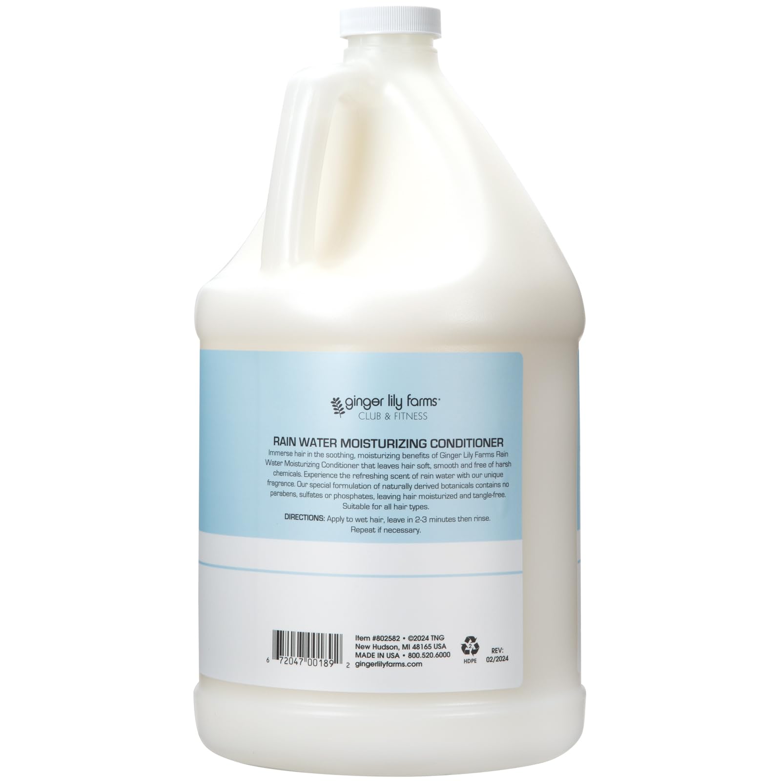 Close-up of Ginger Lily Farms Club & Fitness conditioner label highlighting natural ingredients