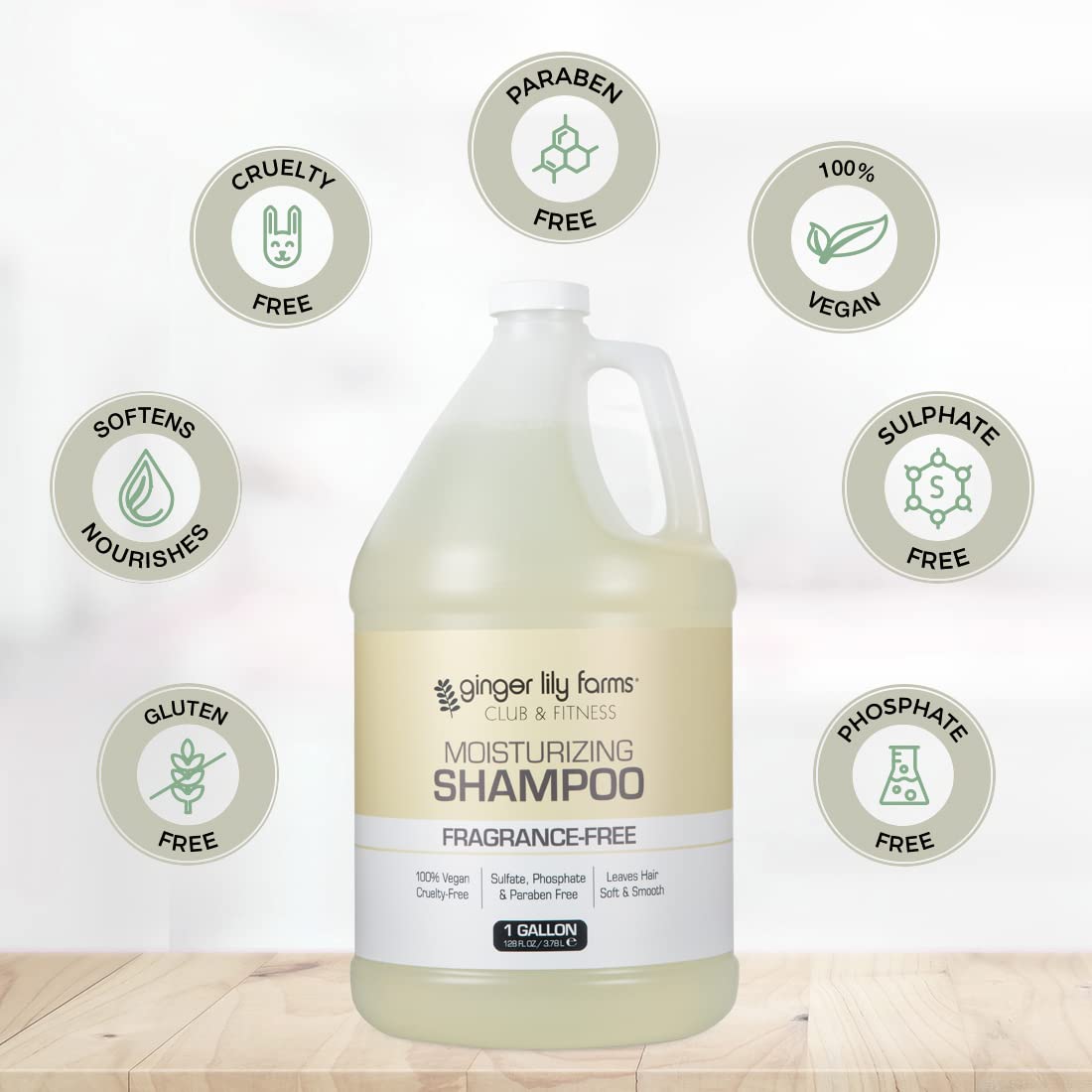 Ginger Lily Farms Club & Fitness shampoo in gym refill setting for locker rooms.
