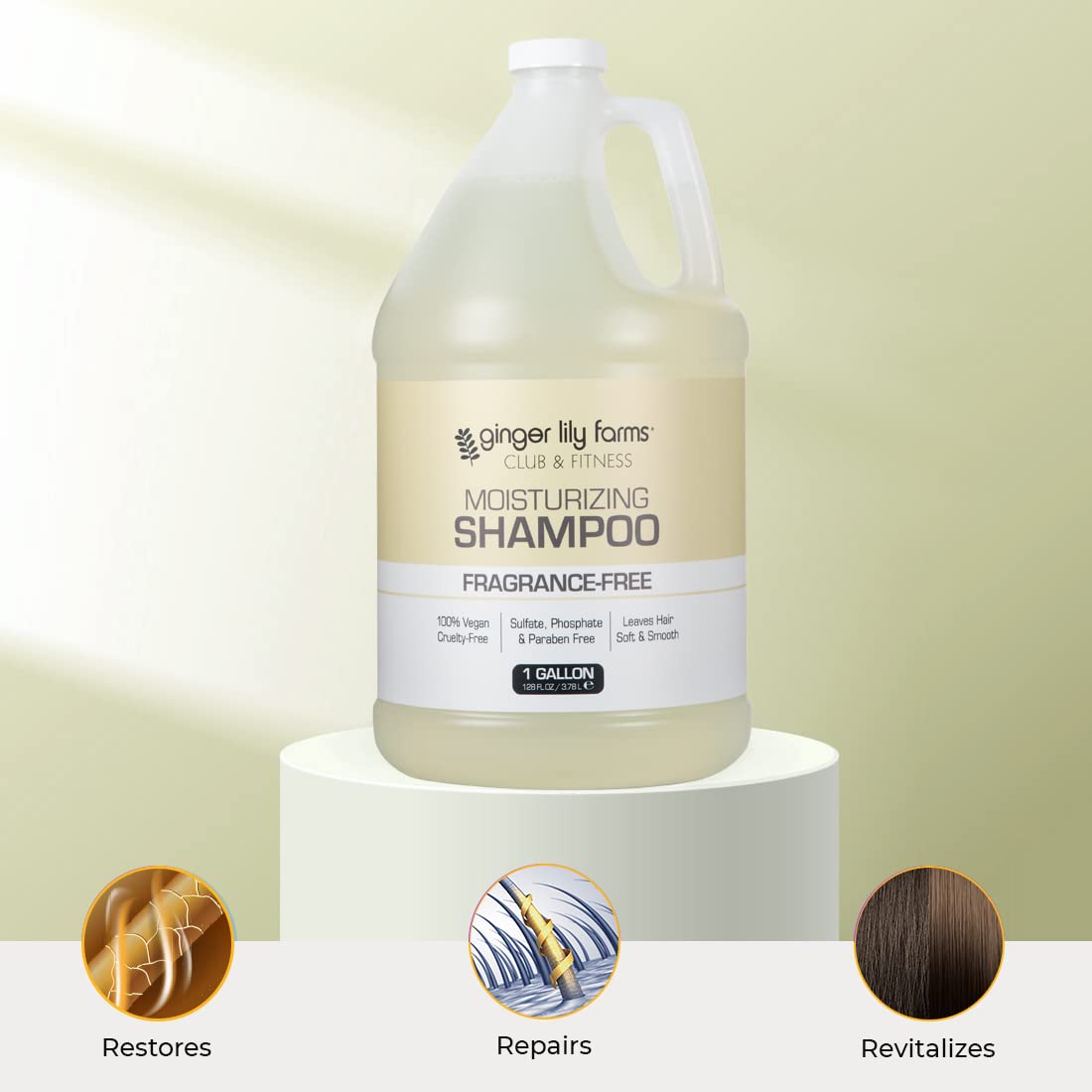 Gallon-size Ginger Lily Farms Club & Fitness shampoo ideal for facilities.