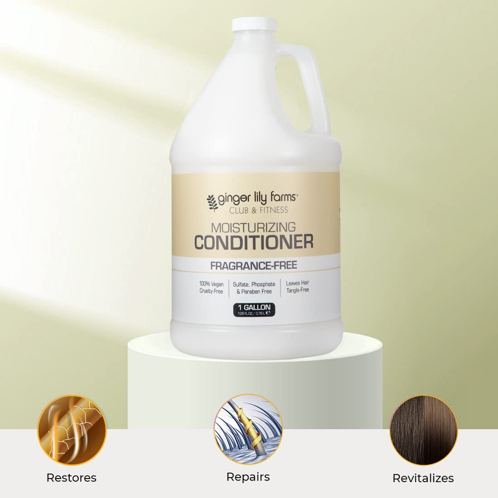 Dispenser-ready Ginger Lily Farms conditioner in a spa locker room setting