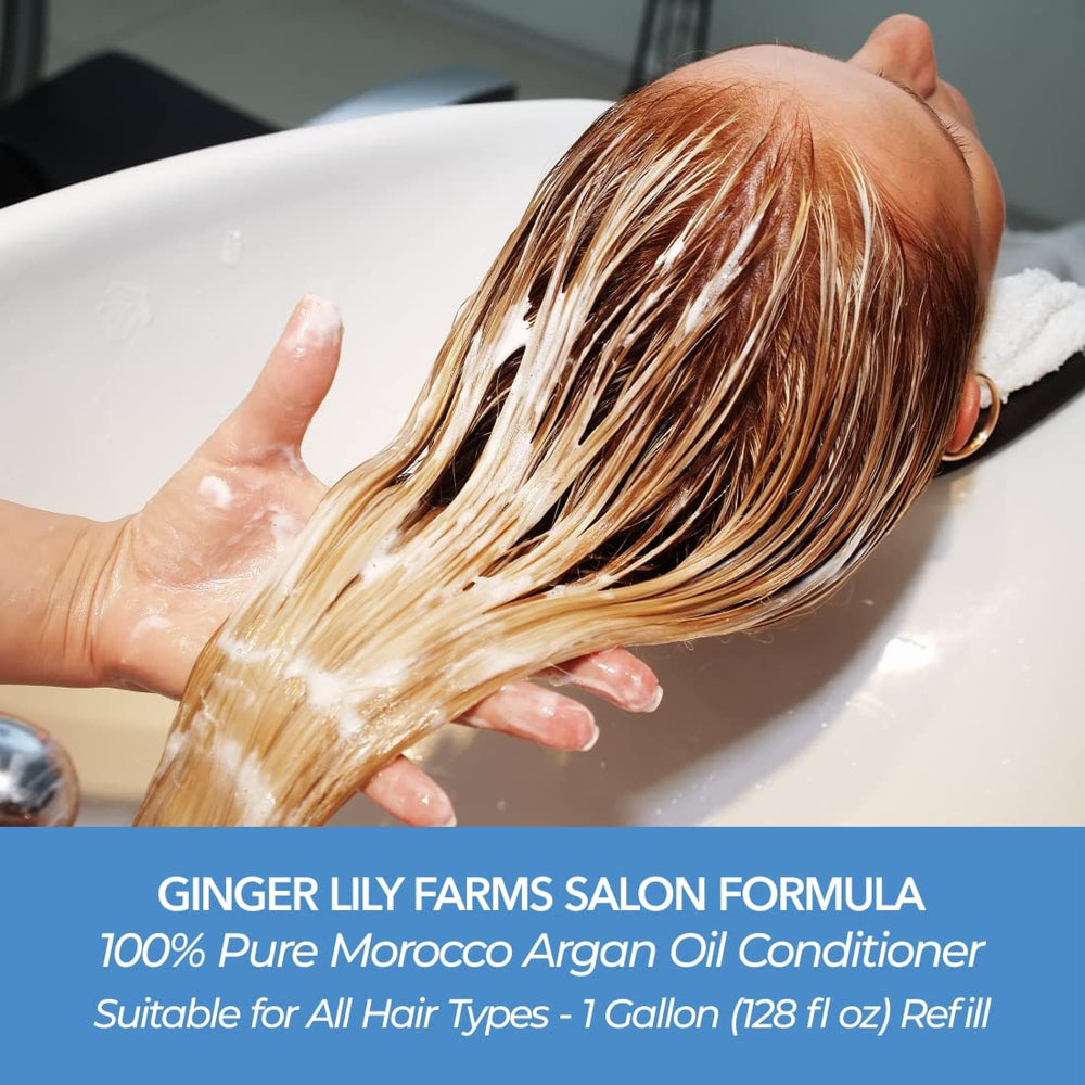 Ginger Lily Farms gallon refill packaging showcases eco-friendly salon refills.