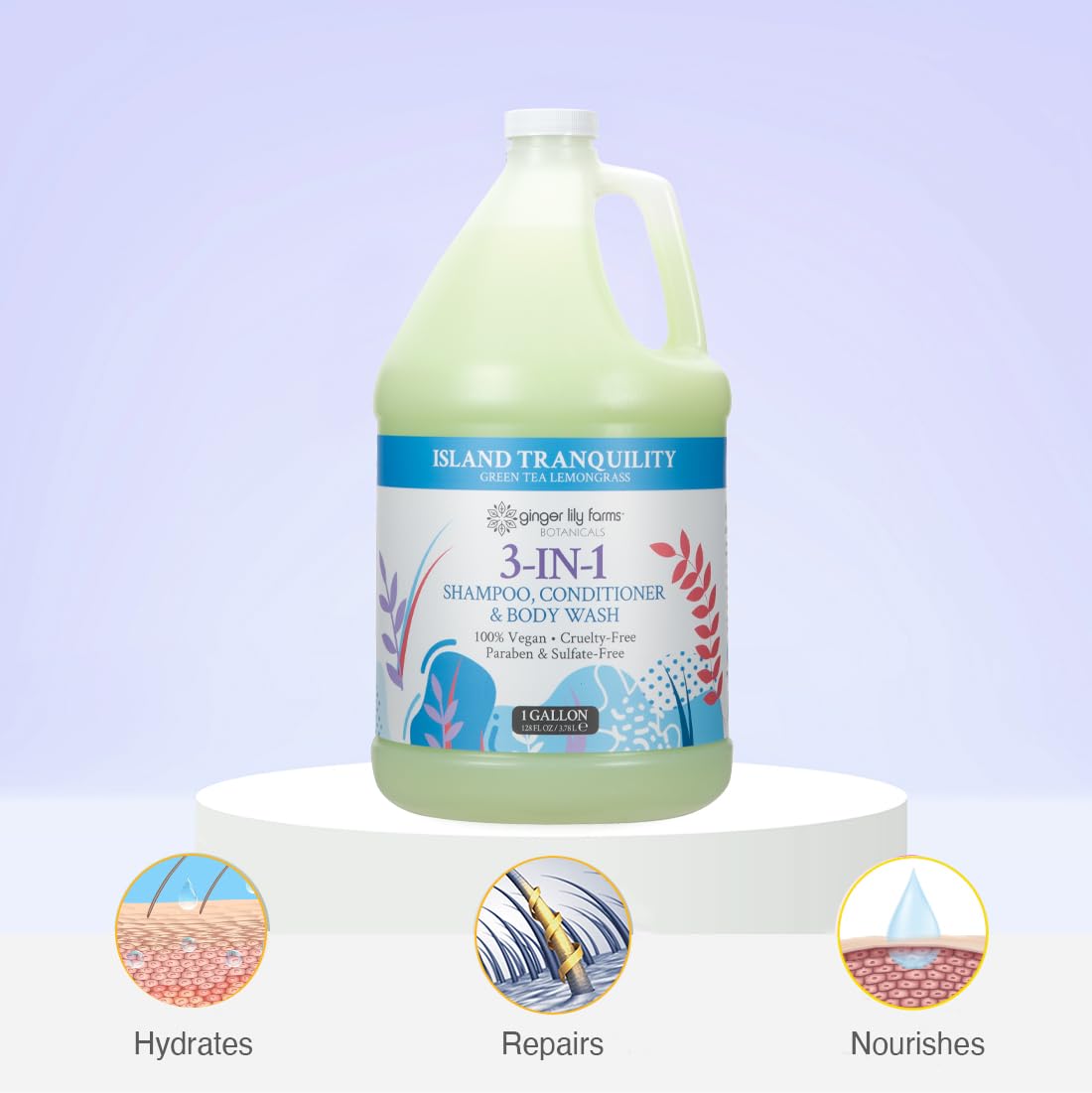 Ginger Lily Farms gallon refill packaging emphasizes eco-friendly refills