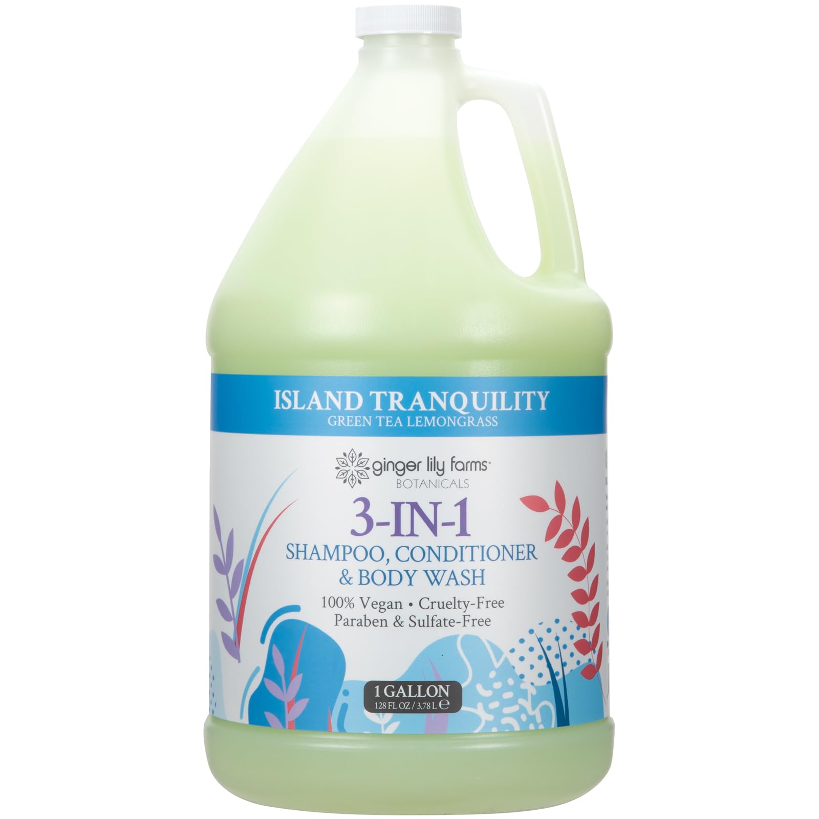 Ginger Lily Farms Island Tranquility 3-in-1 bottle front shows versatile cleansing for hair and skin