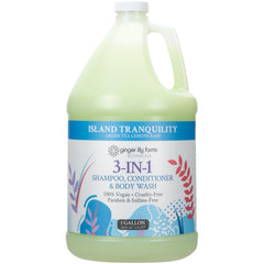 Ginger Lily Farms Island Tranquility 3-in-1 bottle front shows versatile cleansing for hair and skin