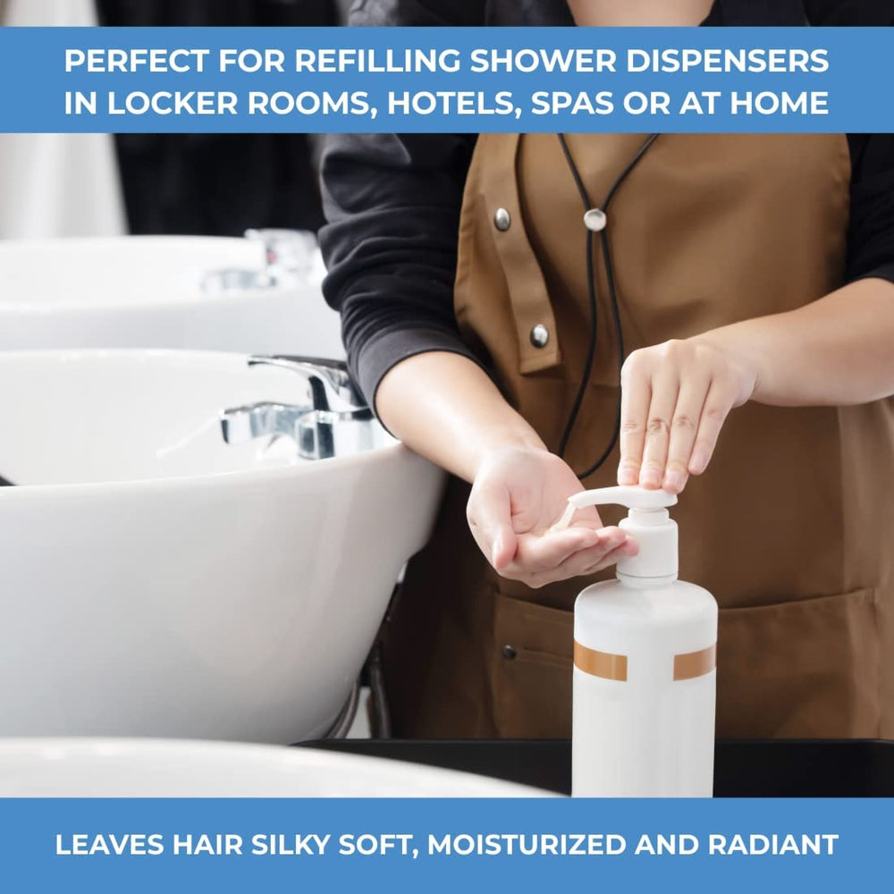 Ginger Lily Farms backbar display image illustrating bulk packaging for spas and hotels.