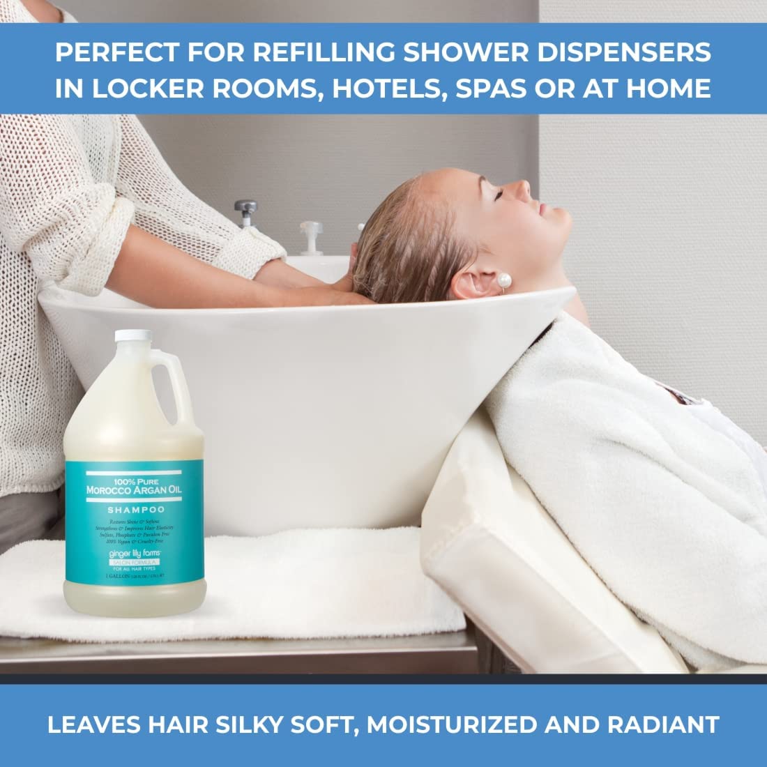 Ginger Lily Farms Argan Shampoo in home bathroom, convenient refills and lasting scent