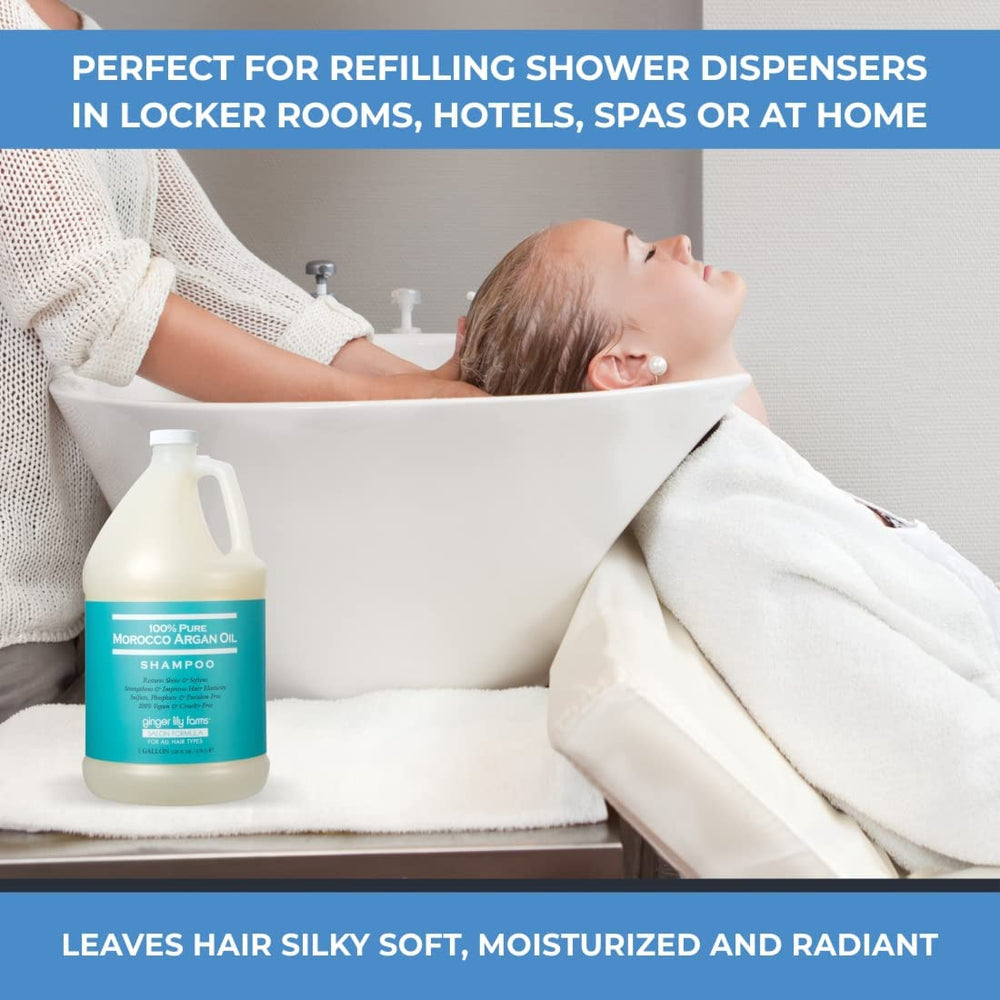 Ginger Lily Farms Argan Shampoo in home bathroom, convenient refills and lasting scent