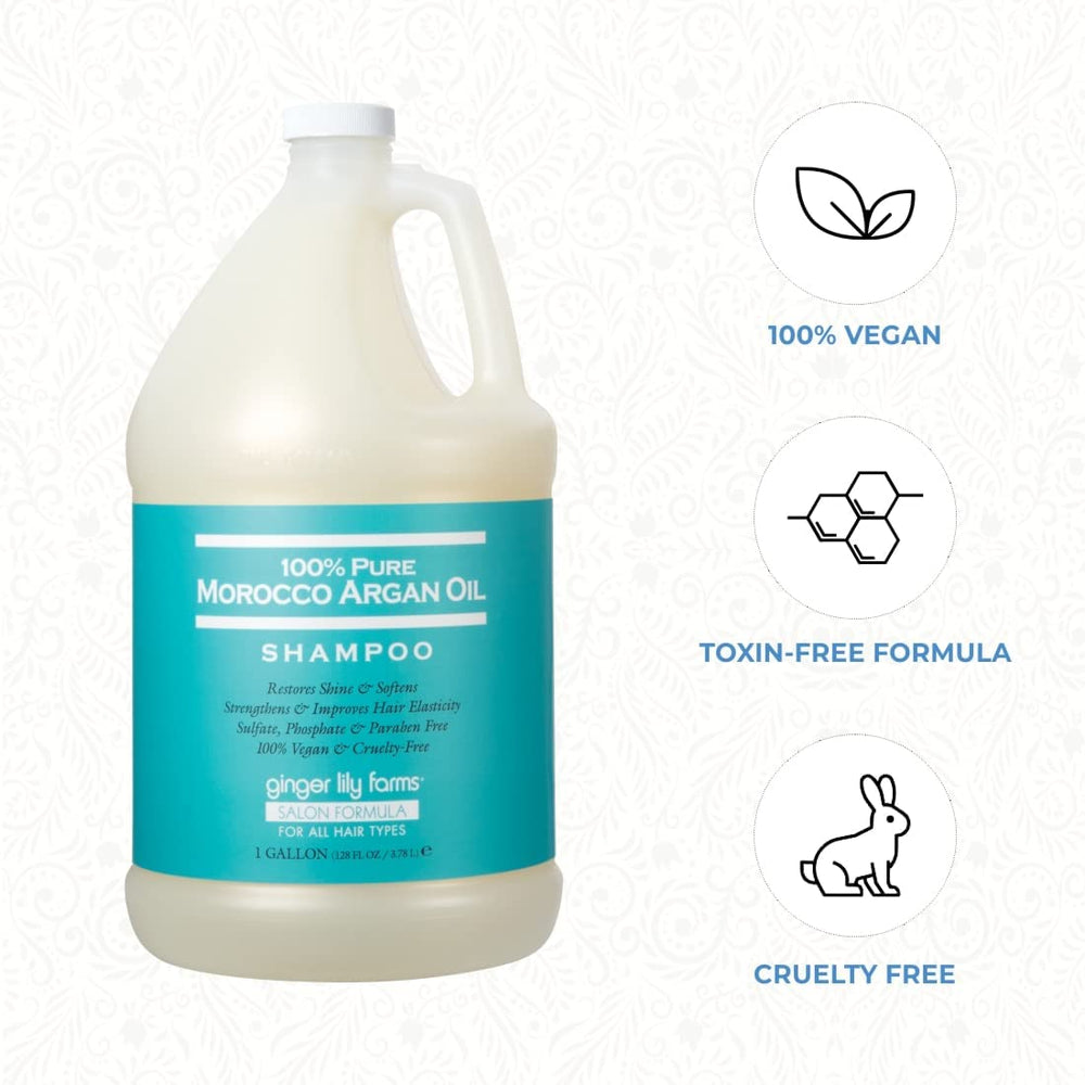 Ginger Lily Farms Argan Shampoo on a salon shelf, ideal for backbar refills