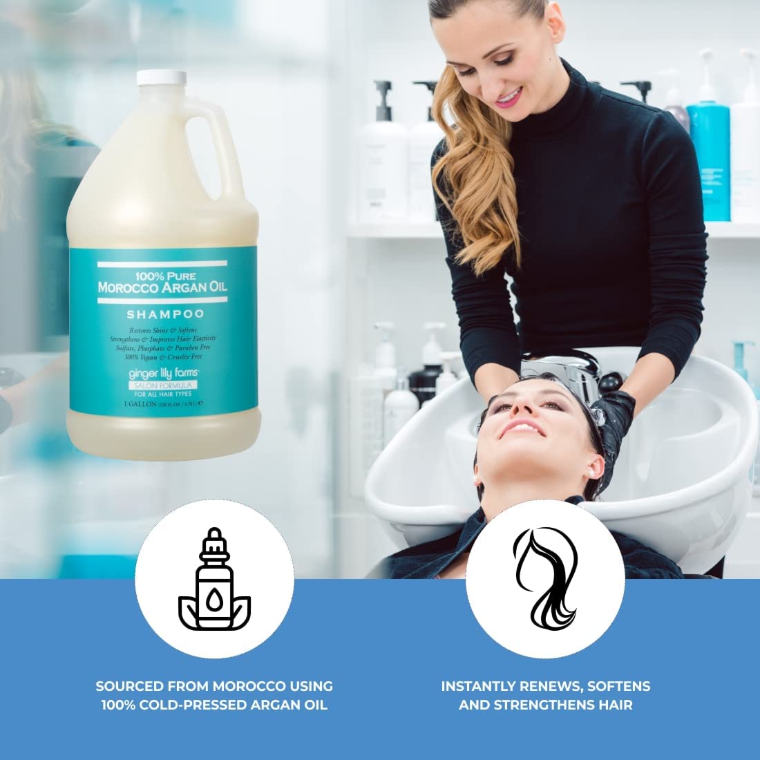 Ginger Lily Farms Argan Shampoo ingredients panel, featuring cold pressed argan oil