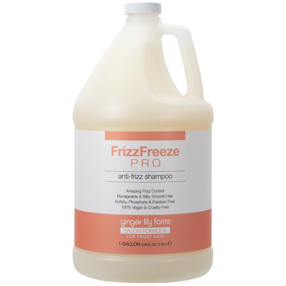 Ginger Lily Farms FrizzFreeze Pro shampoo bottle for frizz control and shine.