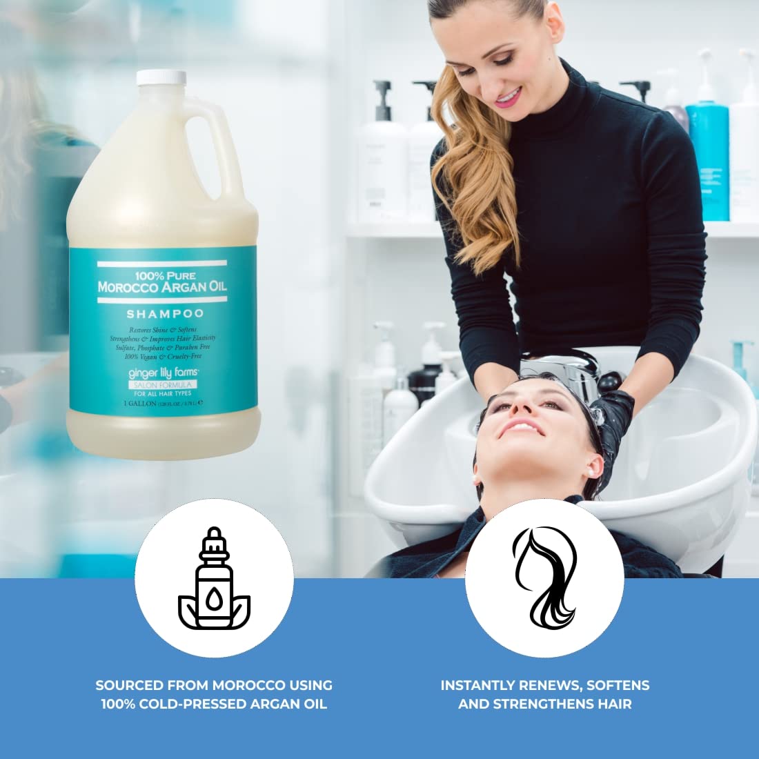 Ginger Lily Farms shampoo being applied to wet hair for silky softness and manageability.