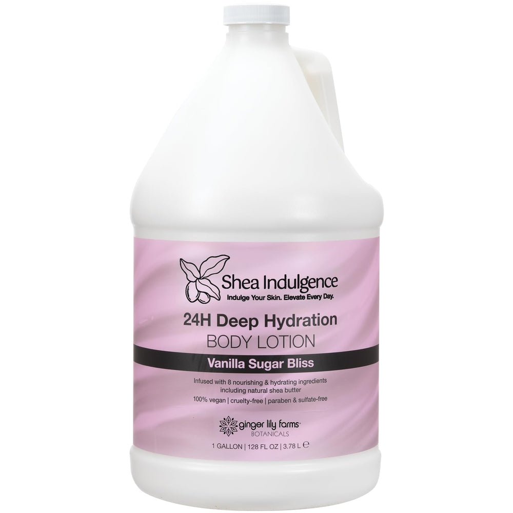 Ginger Lily Farms Shea Indulgence gallon bottle highlighting deep hydration for all-day softness