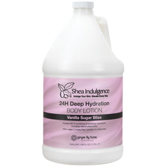Ginger Lily Farms Shea Indulgence gallon bottle highlighting deep hydration for all-day softness