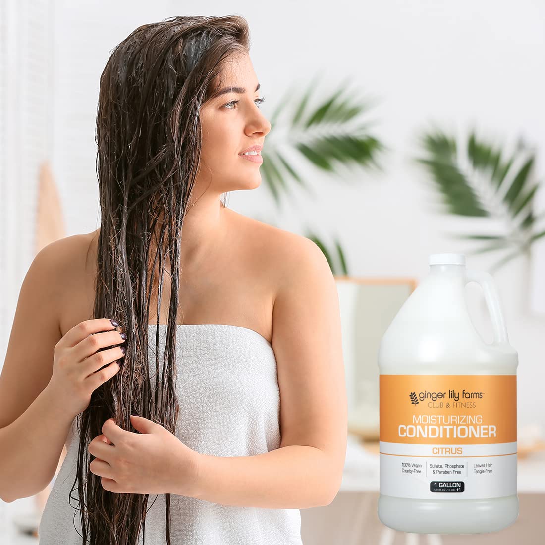 Ginger Lily Farms shower area setup showing refill-friendly conditioner use