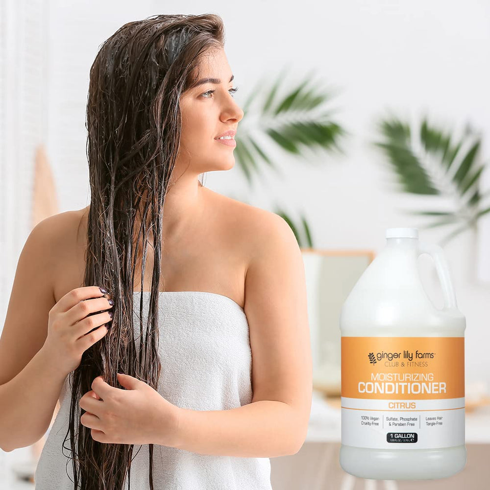 Ginger Lily Farms shower area setup showing refill-friendly conditioner use