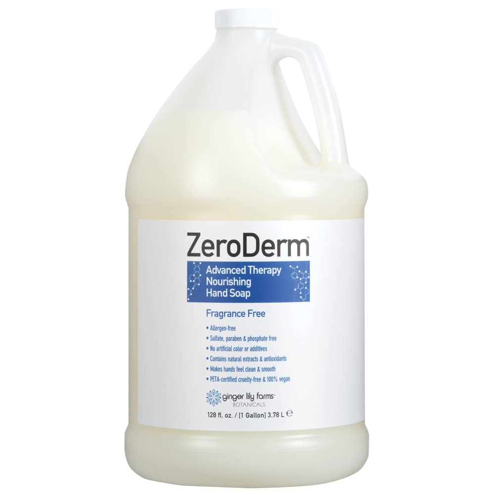 Ginger Lily Farms ZeroDerm bottle pouring fragrance-free hand wash for sensitive skin