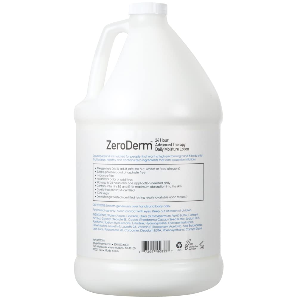 Ginger Lily Farms ZeroDerm refill gallon ideal for hotel, spa, or home refill stations.